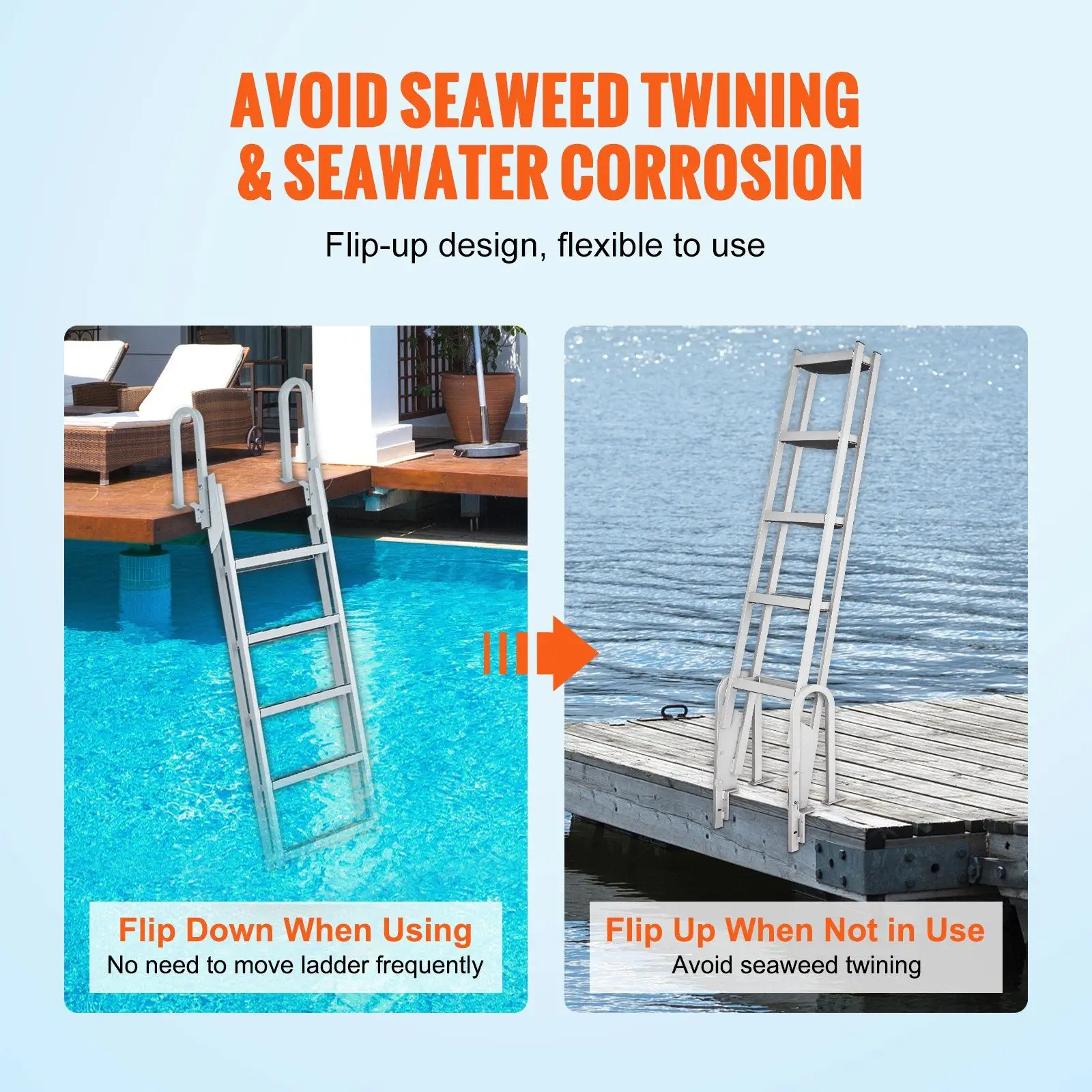 Dock Ladder Flip Up 5 Steps, 350lbs Load Capacity, Aluminum Pontoon Boat Ladder with 4" Wide Step & Nonslip Rubber Mat