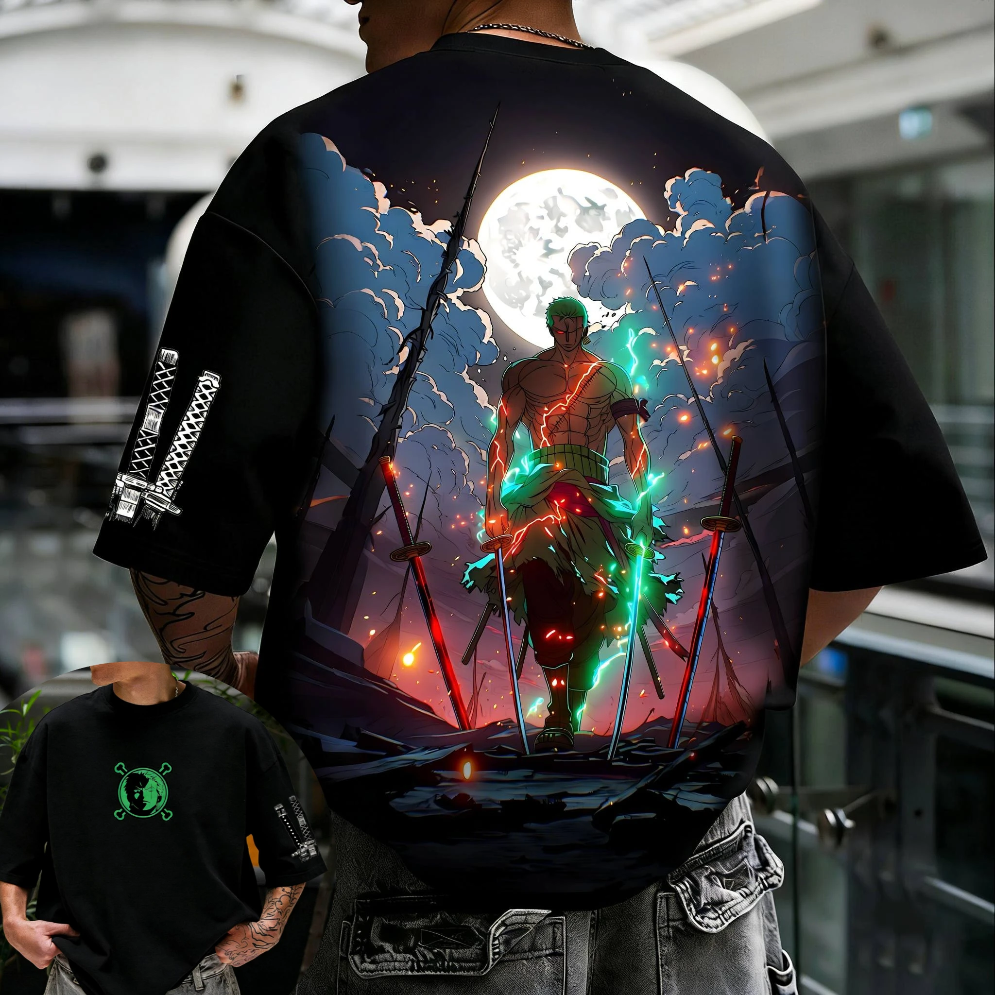 Camiseta con Estampado de Anime para Hombre, One Piece IP (Roronoa Zoro, Estilo de Tres Espadas, Batalla al Aplomo de la Luna), Diseño Atractivo, Ajuste Cómodo y Duradero