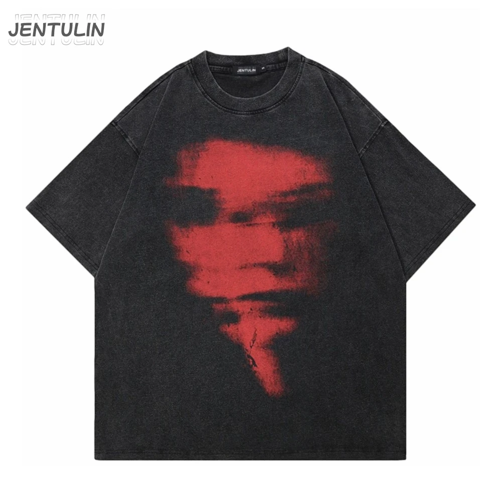 Camiseta negra lavada Punk de Hip Hop, ropa de calle con gráfico de cara borrosa, ropa de algodón Unisex para hombres, camisetas Y2k Hipster Goth