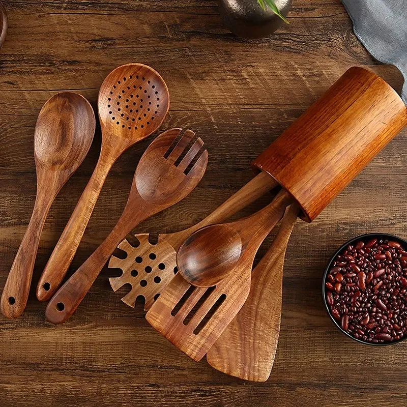 Wooden Kitchen cooking equipment spoons and spatulas, smooth cooking equipment, household tools, 8 pieces