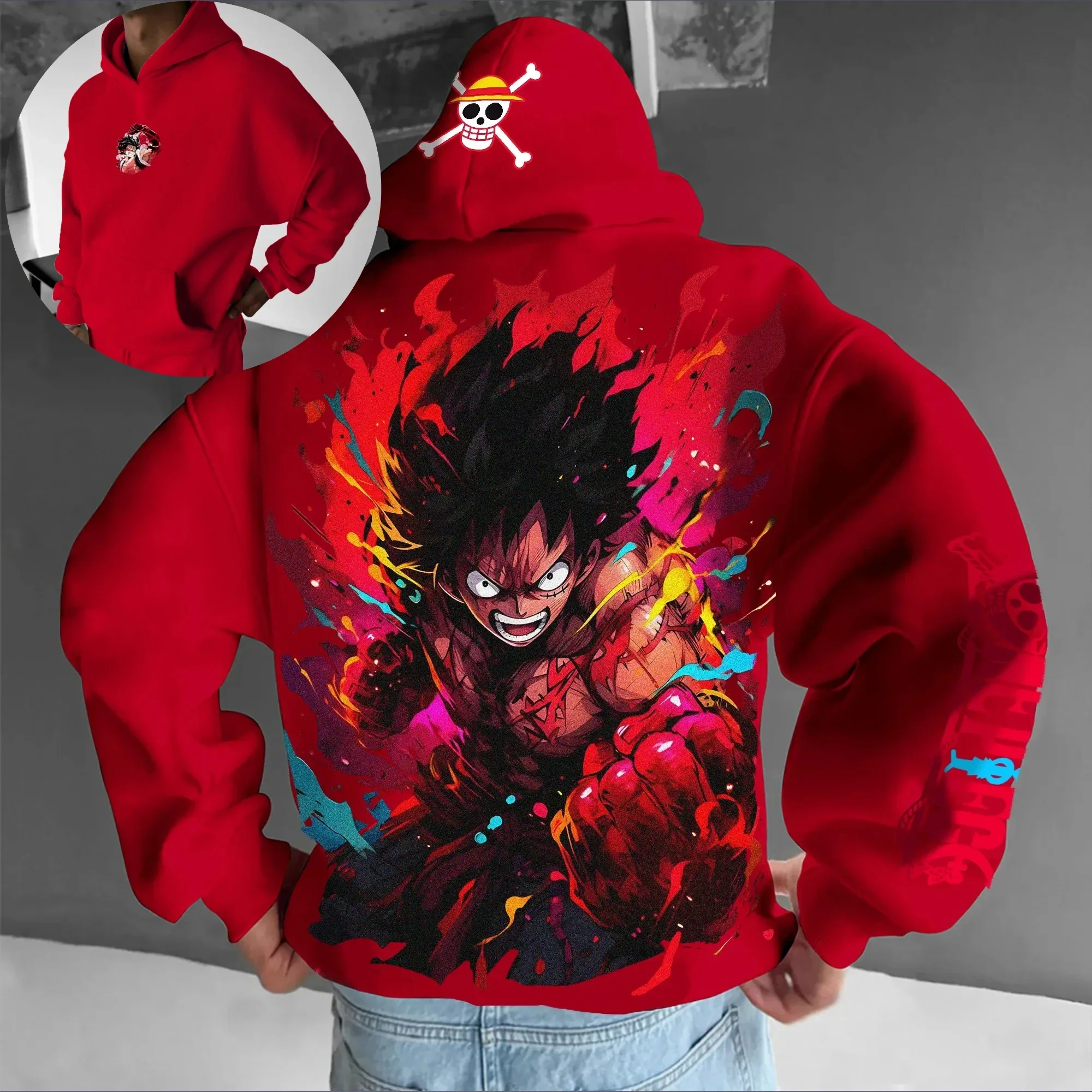 Una pieza Luffy Gear 4 tendencia explosión rebote hombre Sudadera con capucha roja hombres Anime espalda estampado algodón Casual Otoño Invierno ropa de calle moda