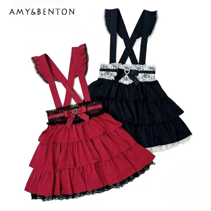 SC Spring New Japanese Sweet Heart Bow Lace Stitching Multi-Layer Mini Skirt Mine Mass-Produced All-Match Cute Suspender Skirts