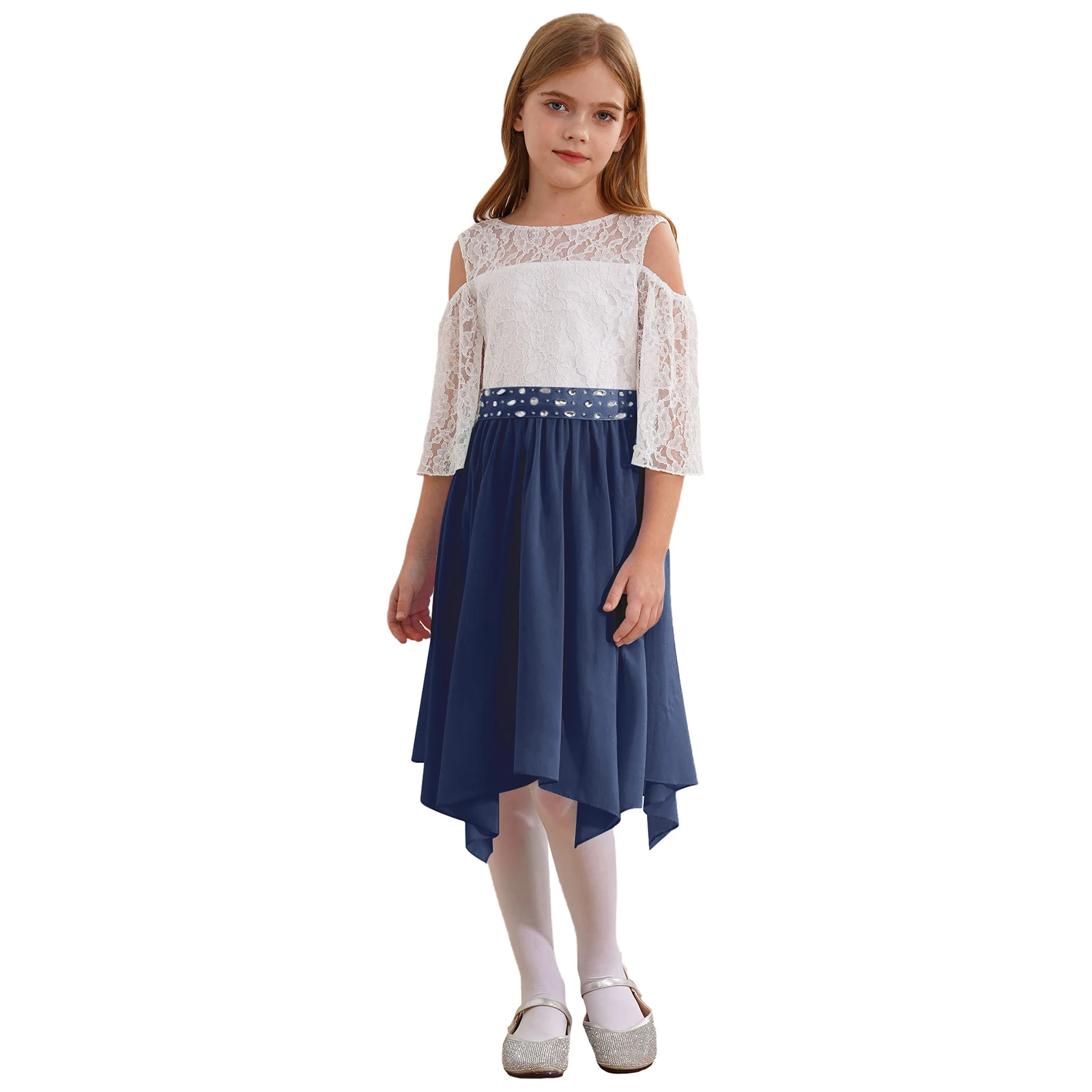 Junior Brautjungfer Kleider Mädchen Blumen Spitze Party kleid V-förmige rücken freie Patchwork Kleid festliches Kleid für Mädchen Festzug Vestidos