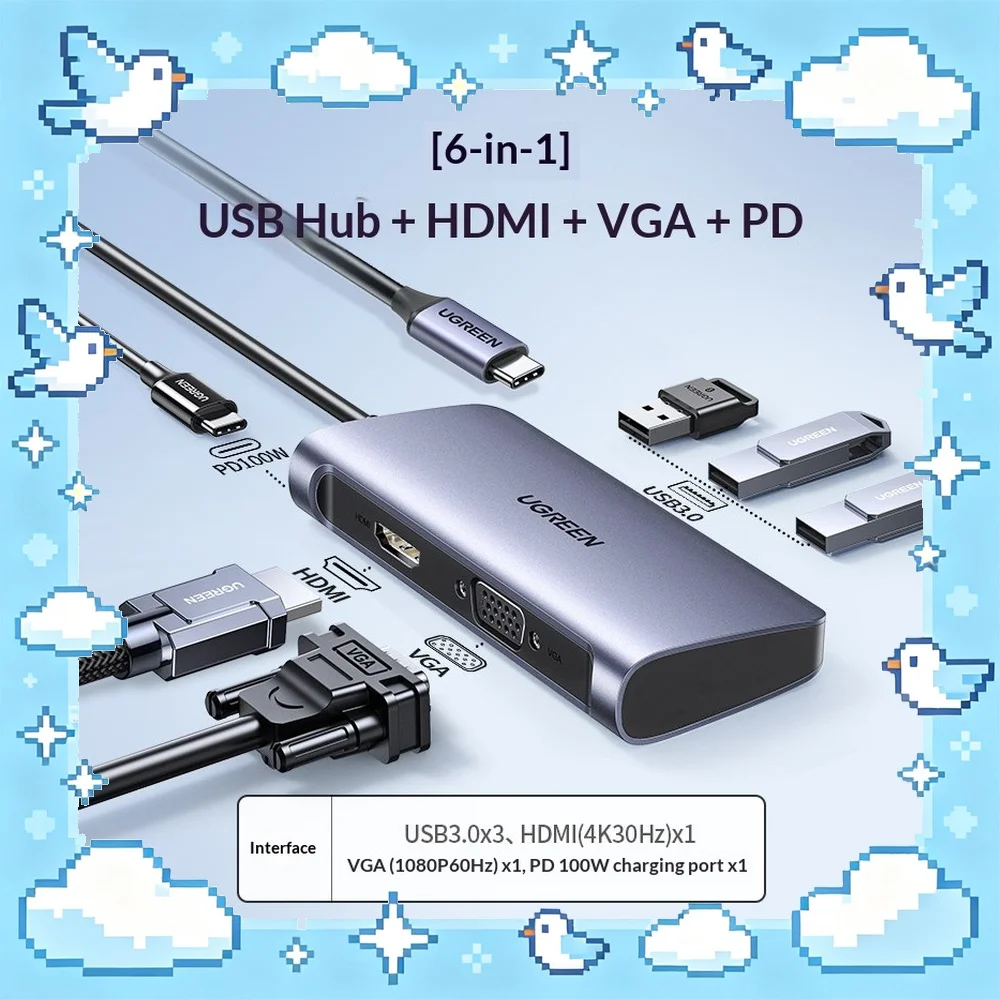 UGREEN 50319 6 in 1 USB C Hub HDMI 4K VGA 1080P 3 USB 3.0 PD Adapter for Laptop PC Monitor