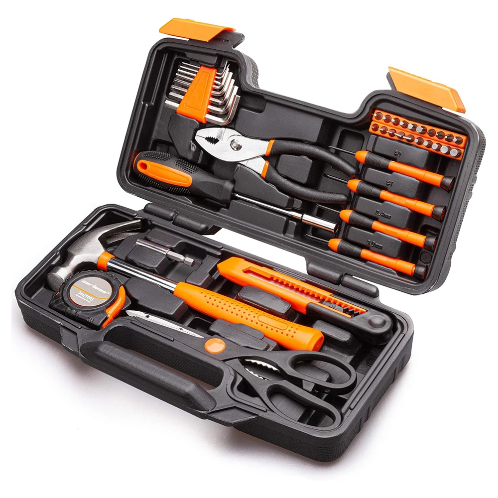 39Pcs orange Hand Tool Set General Household Home Repair Tool Kit with Plastic Toolbox Storage Case Hammer Plier Screwdriver