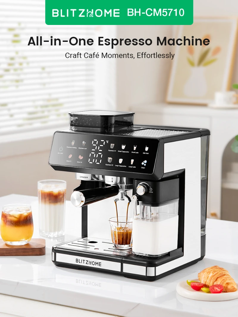 BlitzHome CM5710 All-in-One Espresso-Kaffeemaschine mit integriertem Mahlwerk, Doppelboiler, automatischem Milchaufschäumer, Heiß- und Kaltbrühfunktion