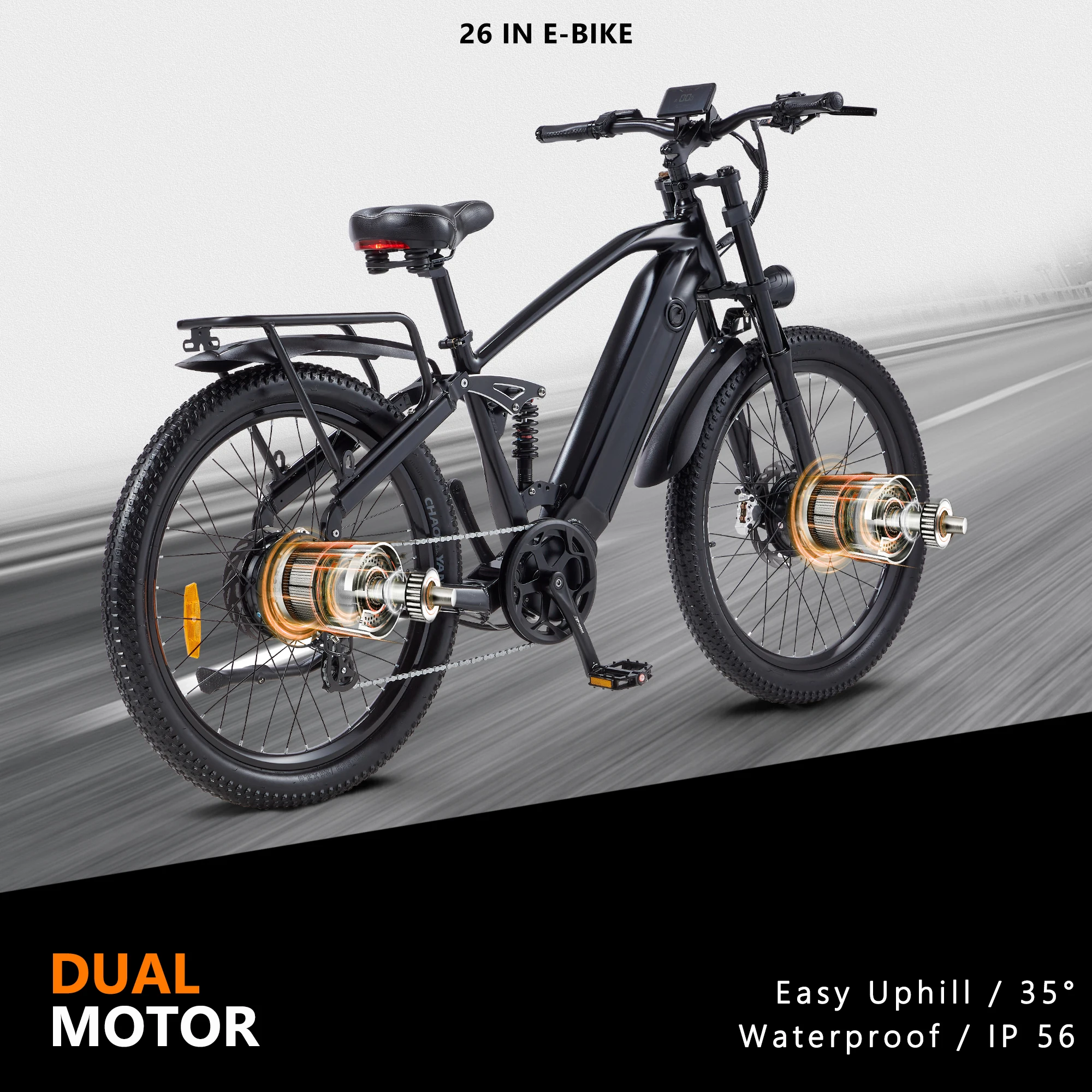 Bicicleta eléctrica de doble motor con batería de 48V17Ah, bicicleta eléctrica con neumáticos gruesos de 26*3.0 para montaña, eBIK con doble suspensión, freno de aceite.