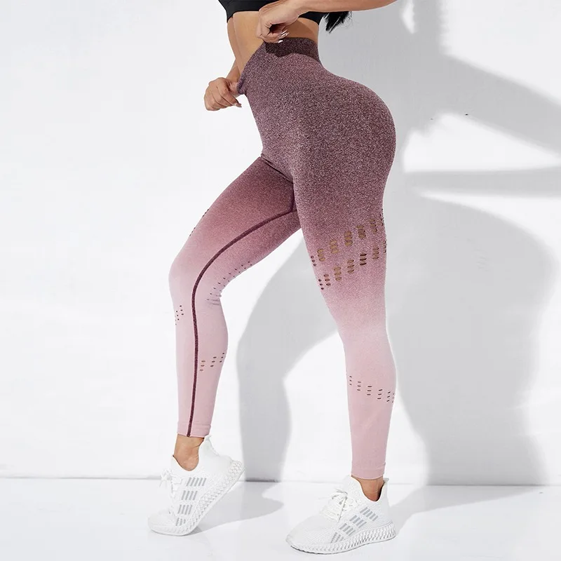 Fashion Gradient Mesh Leggings Hollow Sports Fitness Leggings High Waist Yoga Pants Push Up Gym Pants Women Workout Leggings