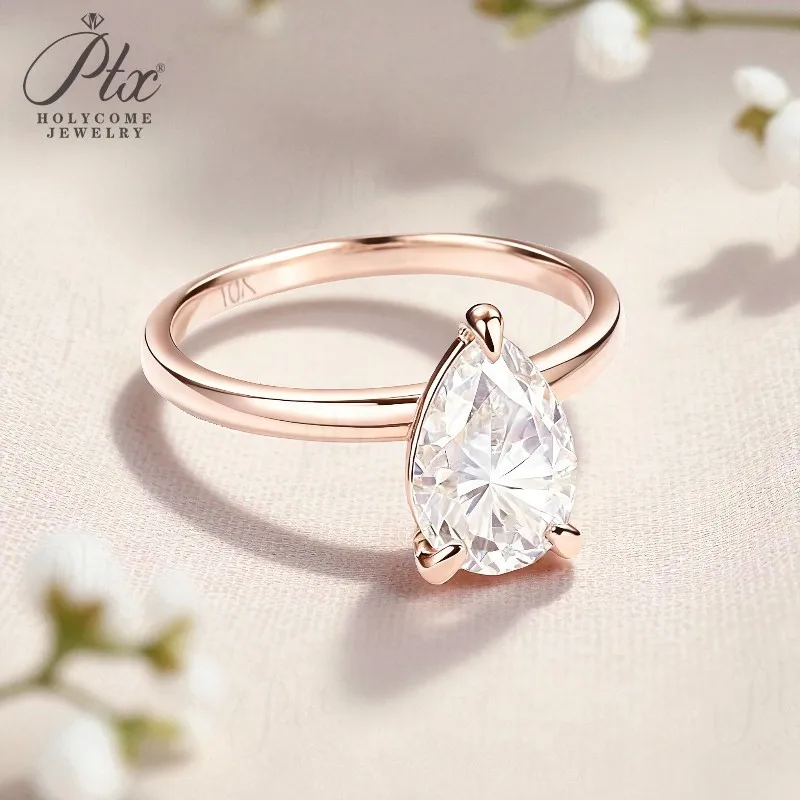 2 Carat Moissanite Pear Cut Ring Three-Jaw Minimalist Setting High Brilliance Teardrop Style for Proposal or Wedding