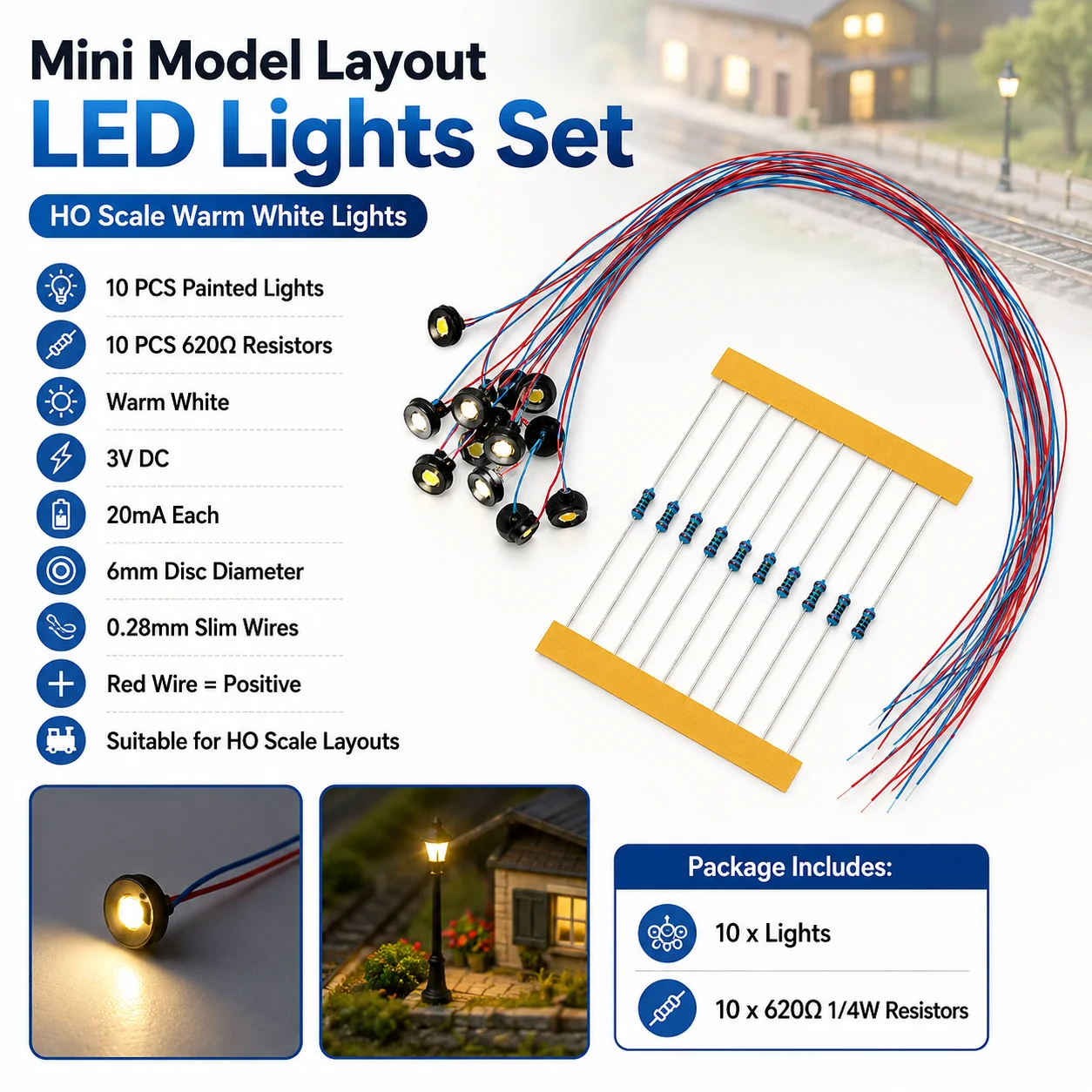 Set of 10 OO HO Scale LED Street Light Model Wall Lamp Posts with Wiring and Resistors for Model Railroad and Diorama Scenes