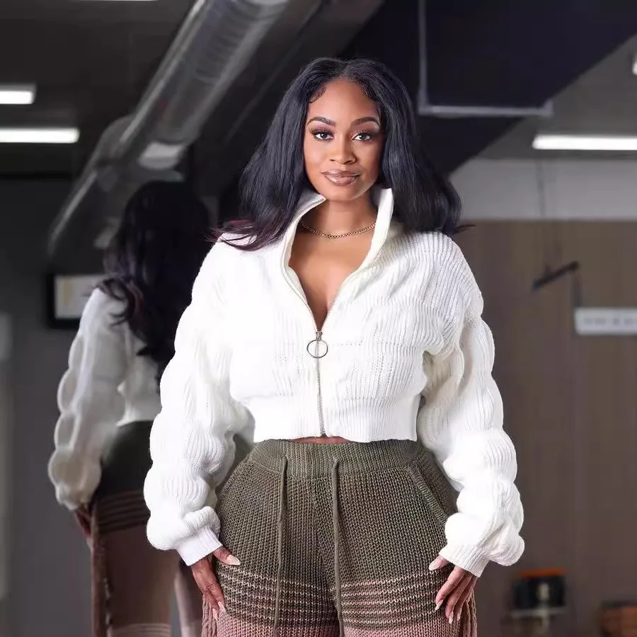 

Women Zipper Sweaters Turn Down Collar Knit Spliced Jumpers Cardigan Casual Loose Lantern Sleeve Sweaters Warm Autumn 2025