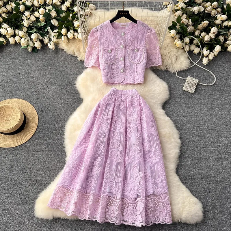 

Fashion Lace Skirt Two Piece Suits For Women Lace Embroidery Flower Short Sleeve Shirt Tops+Midi Skirt Summer Female Outfits