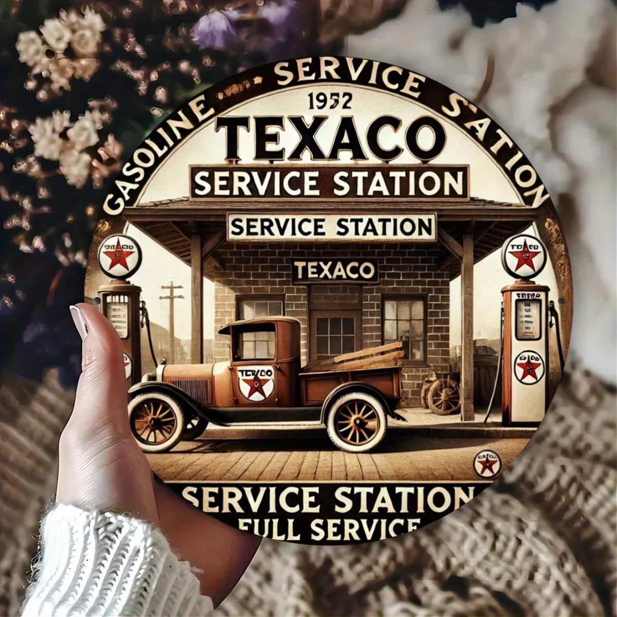 Texaco Estación de servicio Arte de pared de metal redondo vintage, coche clásico y aceite coleccionable - Barra duradera, decoración de cocina