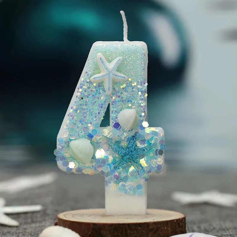 Mermaid Girl Birthday Candle Blue Glittery Number Seashell Candles Natural Bee Wax Candles