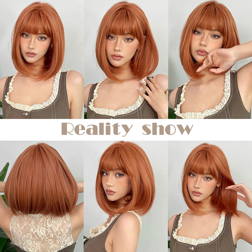 HENRY MARGU Short Bob Wig with Bangs Copper Ginger Synthetic Wigs for Women Straight Hair Natural Cosplay Wig Heat Resistant