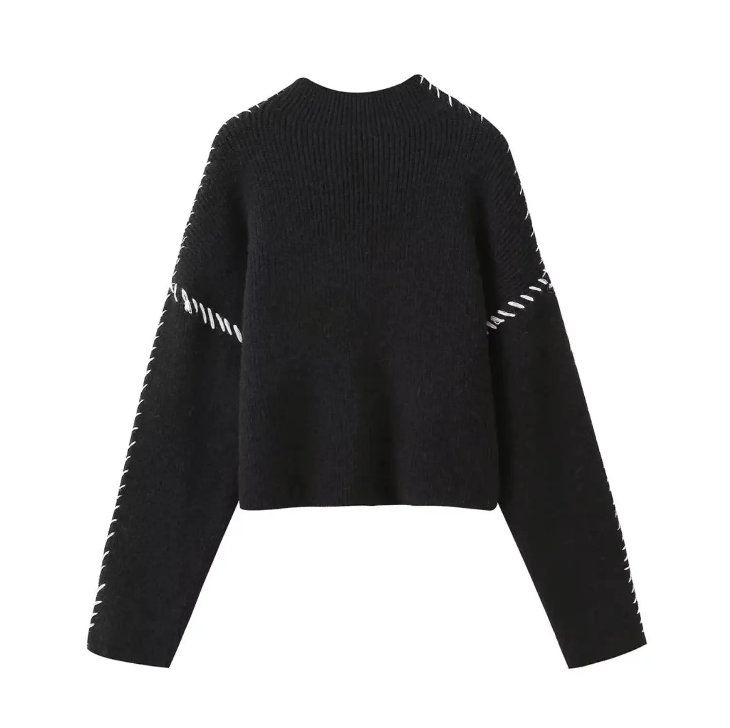 2023 CHIC Women Black Contrast White Binding Knitted Mock Collar Sweater Vintage Long Sleeve Pullover Knitwear Loose Jumper