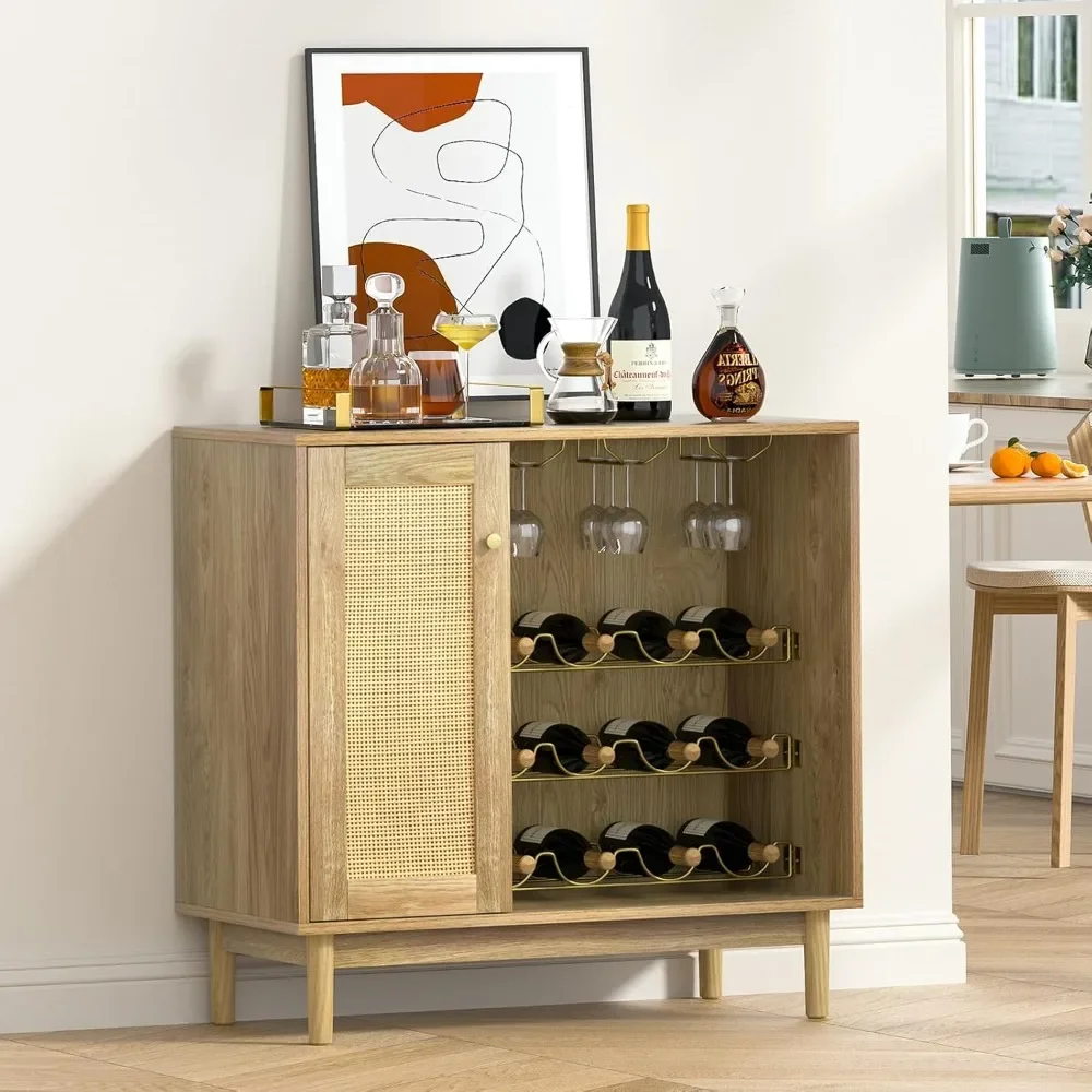 

Wine Cabinet with Rack - Rattan Bar Buffet Storage & Sideboard for Wine Bottles and Liquor