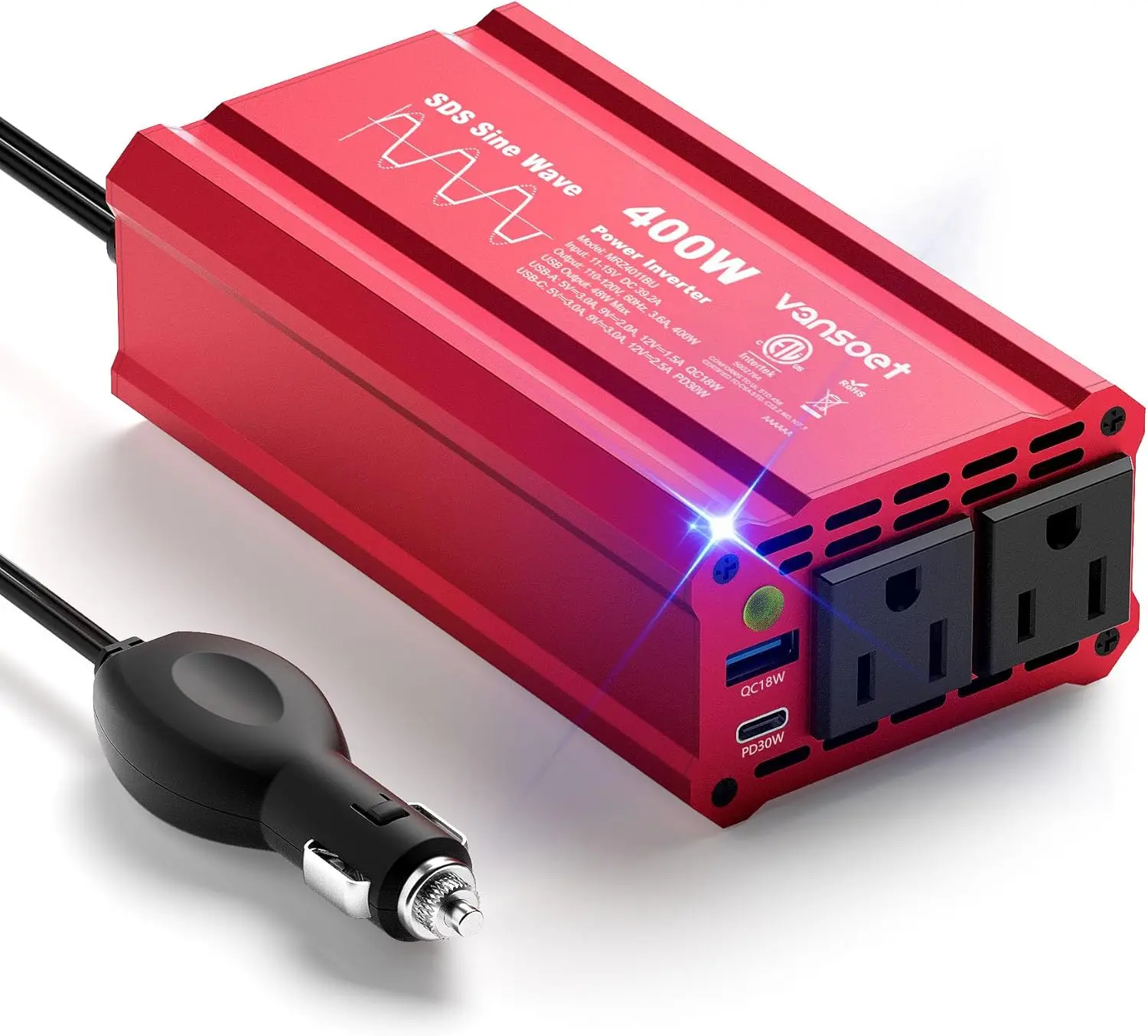 

400W Peak Clipped Sine Wave Car Power Inverter DC 12V to AC(2 Outlets) 110V Car Charger Plug Adapter Power Converter with PD3