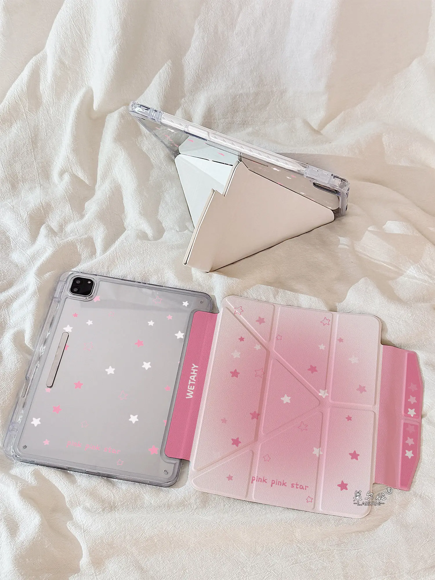 Korean Pink Star 3Y Fold iPad Case For iPad Pro 11 13in 2025 iPad Pro 12.9in Air7 10/11th M4/5 Shockproof Magnetic Buckle Cover