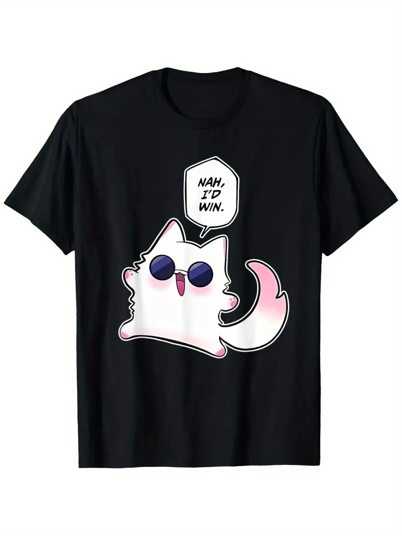 تي شيرت Gojo Cat Meme جرافيك مع HAN I'D WIN Pink Cat Design Machine قميص كاجوال قابل للغسل للرجال والنساء على شكل قطة