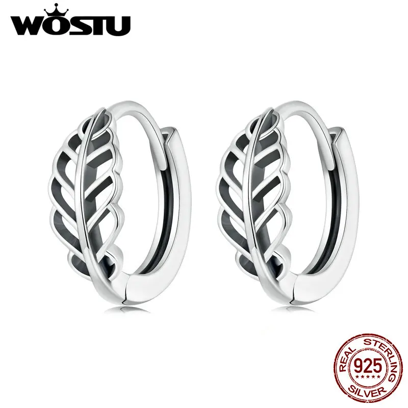 WOSTU Simple Hollow Out Leaf Earrings For Women Real 925 Sterling Silver European Hoop Earrings Girl Party Jewelry Gift