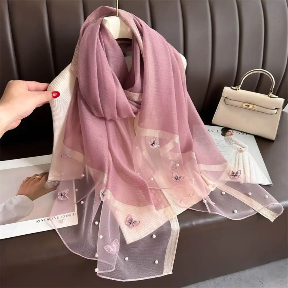 

Fashion Thin Silk Scarf Large Foulard Butterfly Embroidery Scarf Luxury Pearl Women Hijab Shawls Female