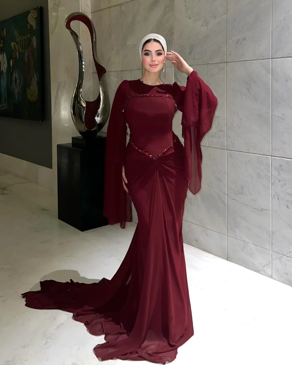 

Customized Burgundy Pastrol Elegant Jersey Pleat Beading Sequined Ruched Mermaid High Collar Long Dresses Evening Dresses Retro