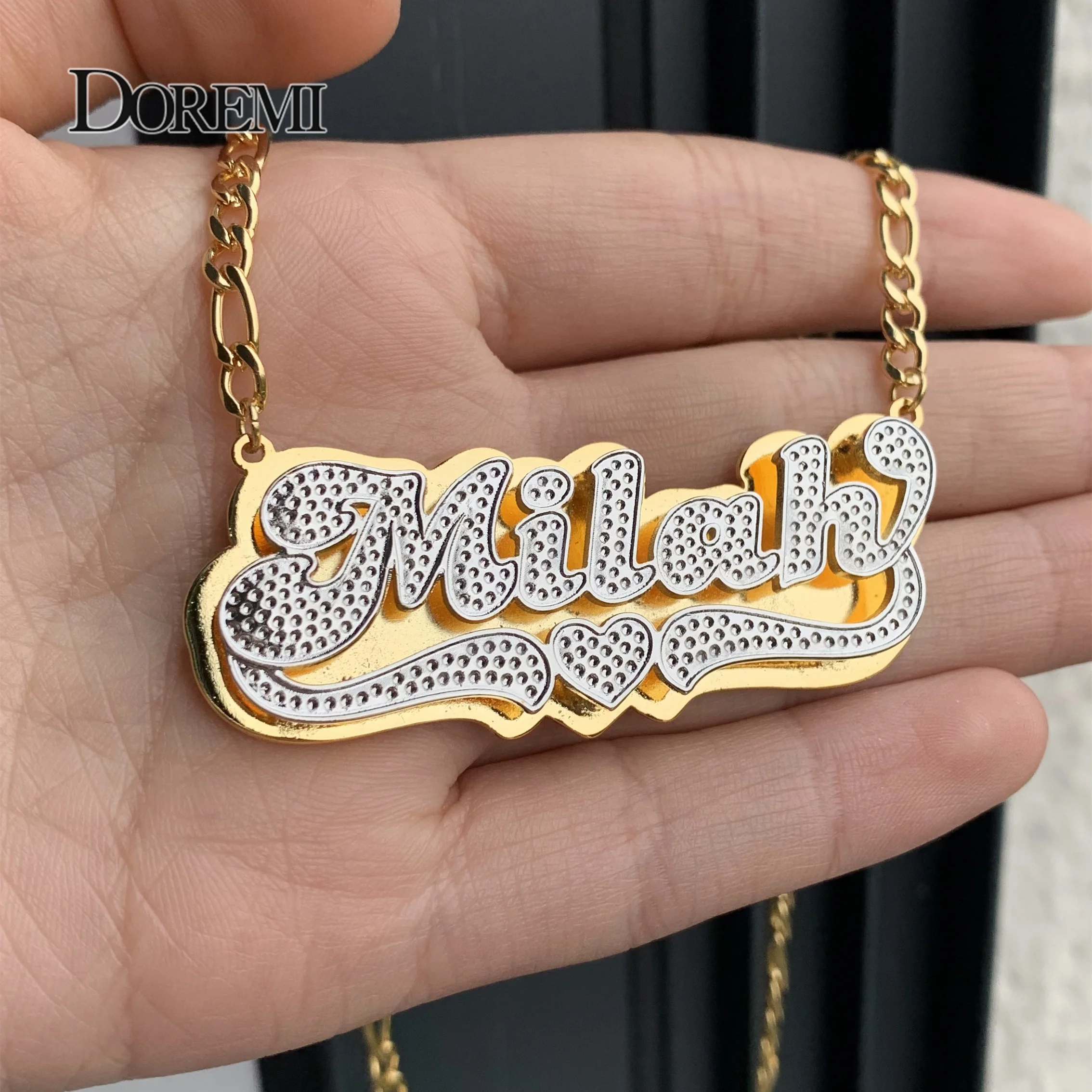 DOREMI 3D hip-hop Style Custom Name Necklace Figaro Layered Double color Personalized Nameplate Necklace Jewelry For Women Gift