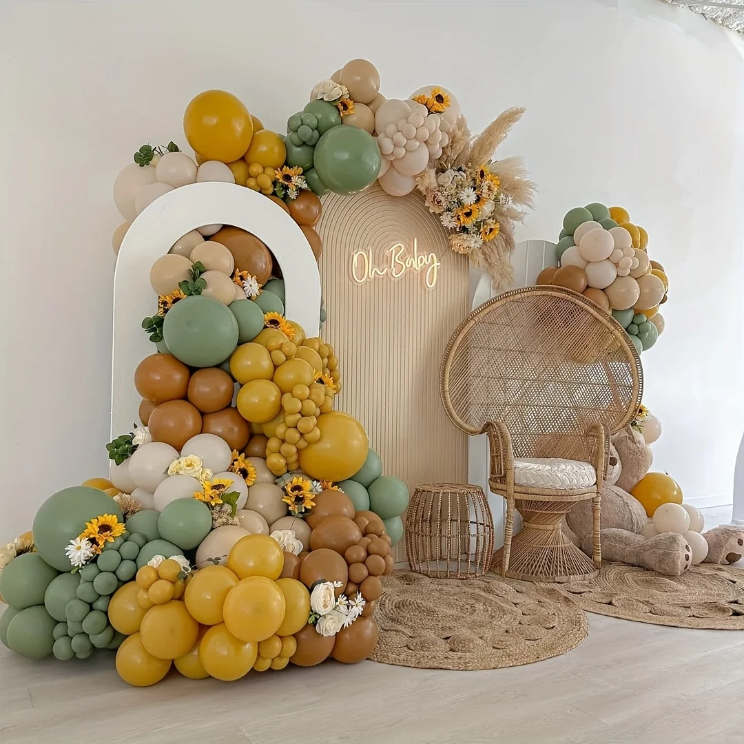 146pcs Sage Green Yellow Balloon Arch Kit, Mustard Yellow Brown Nude Tan Sand White Balloons for Teddy Bear Shower Bridal Shower Safari Jungle Birthday Gender Reveal Bee Theme Party Decorations DIY Ambiance Balloons - view 6