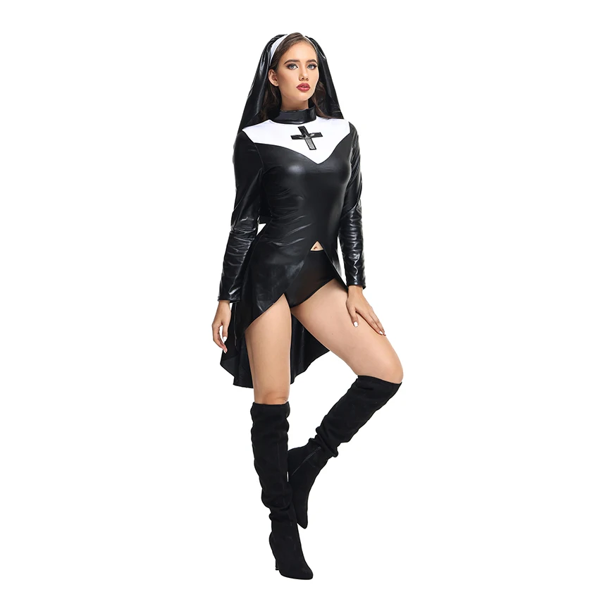 

Sexy Nun Dress Robe Virgin Mary Medieval Witch Halloween Costume For Women Carnival Fancy Party PU Leather Nun Cosplay Suit