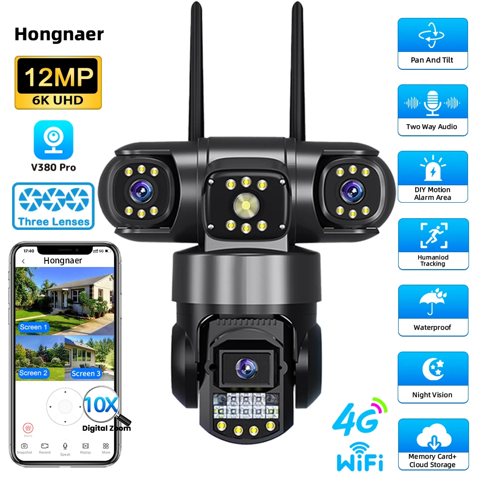 Hongnaer 12MP 6K V380 Pro Three Lenses WiFi Outdoor Wireless IP PTZ Smart 4G Sim Card Network Home Security CCTV Camera