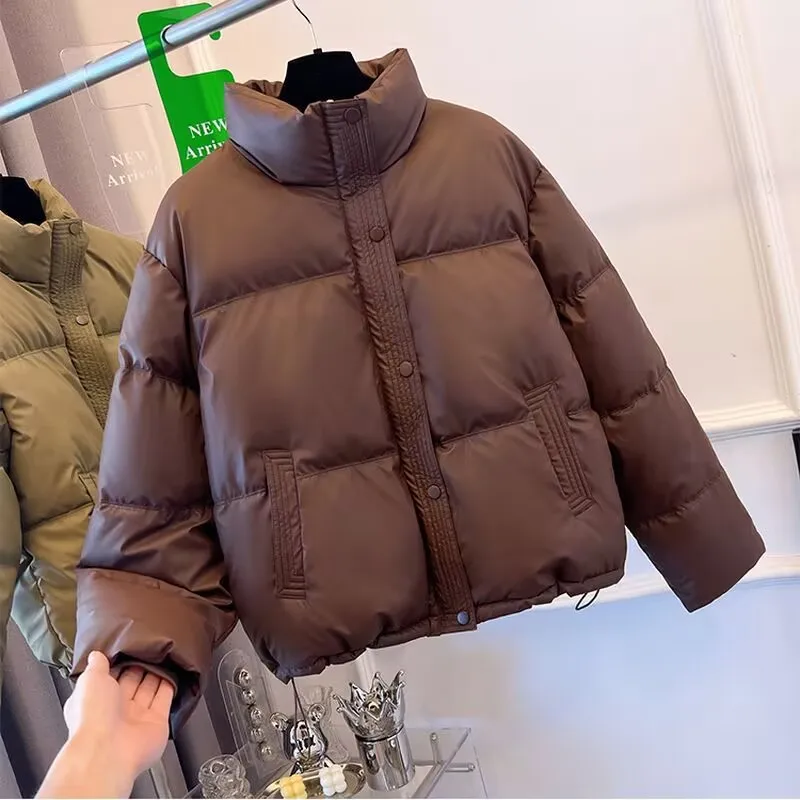 Winter Frauen Kurze Puffer Jacke 2025, Neue Stehkragen Parkas Weibliche Beiläufige Lose Warme Qulited Mantel Zipper Langarm Mantel