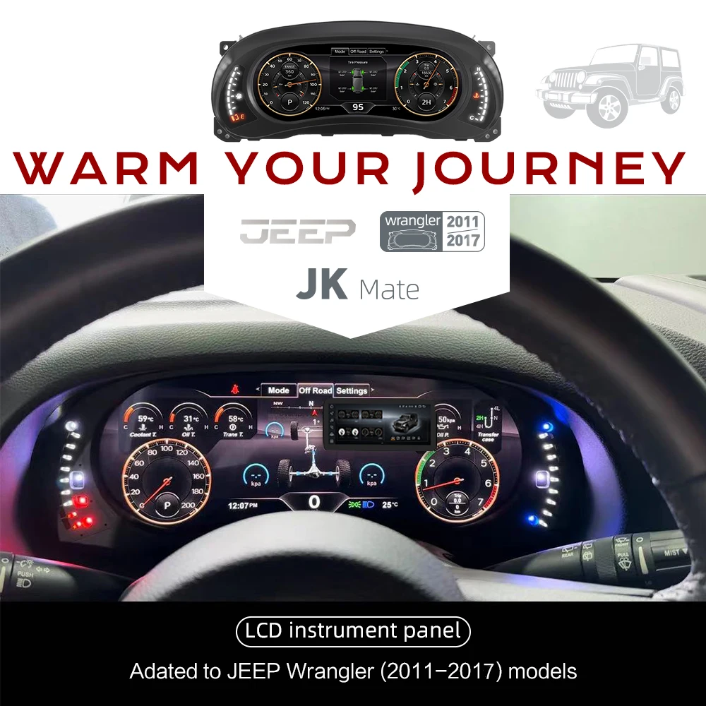 Tableau de bord numérique pour Jeep Wrangler JK modèles 2011-2017, cockpit virtuel, compteur de vitesse HD de 12,3 pouces (1920 × 720), tableau de bord à écran LCD, installation « prêt à l'emploi »