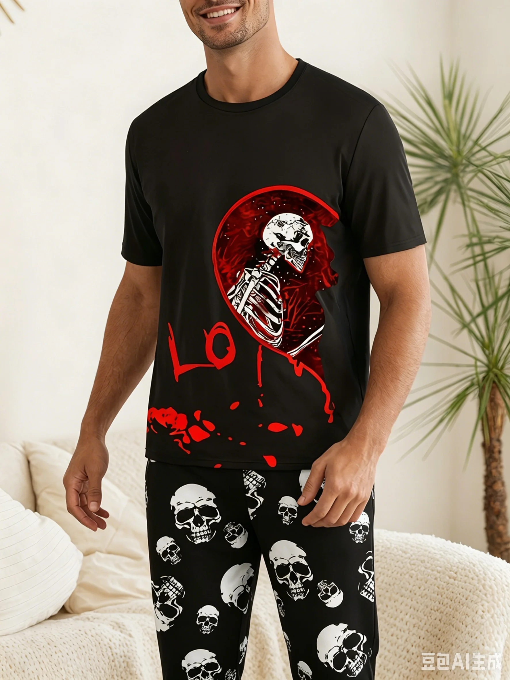 Red Heart Couple Skull Rose Full 3D Printed Pajama Set for Women and Men, T-shirt, Pants, Loose Home Couple Halloween Dress view 4