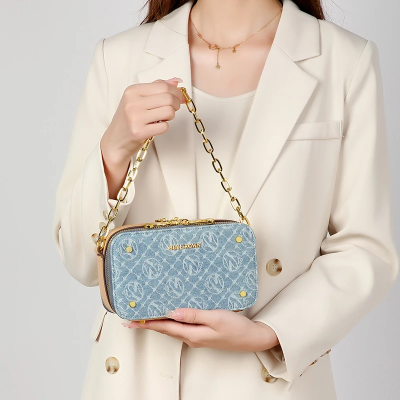 

2PCS Portable Deim Crossbody Bag With Adjustable Strap, Unique Square Metal Sling Shoulder Bag With Free Coin Purse