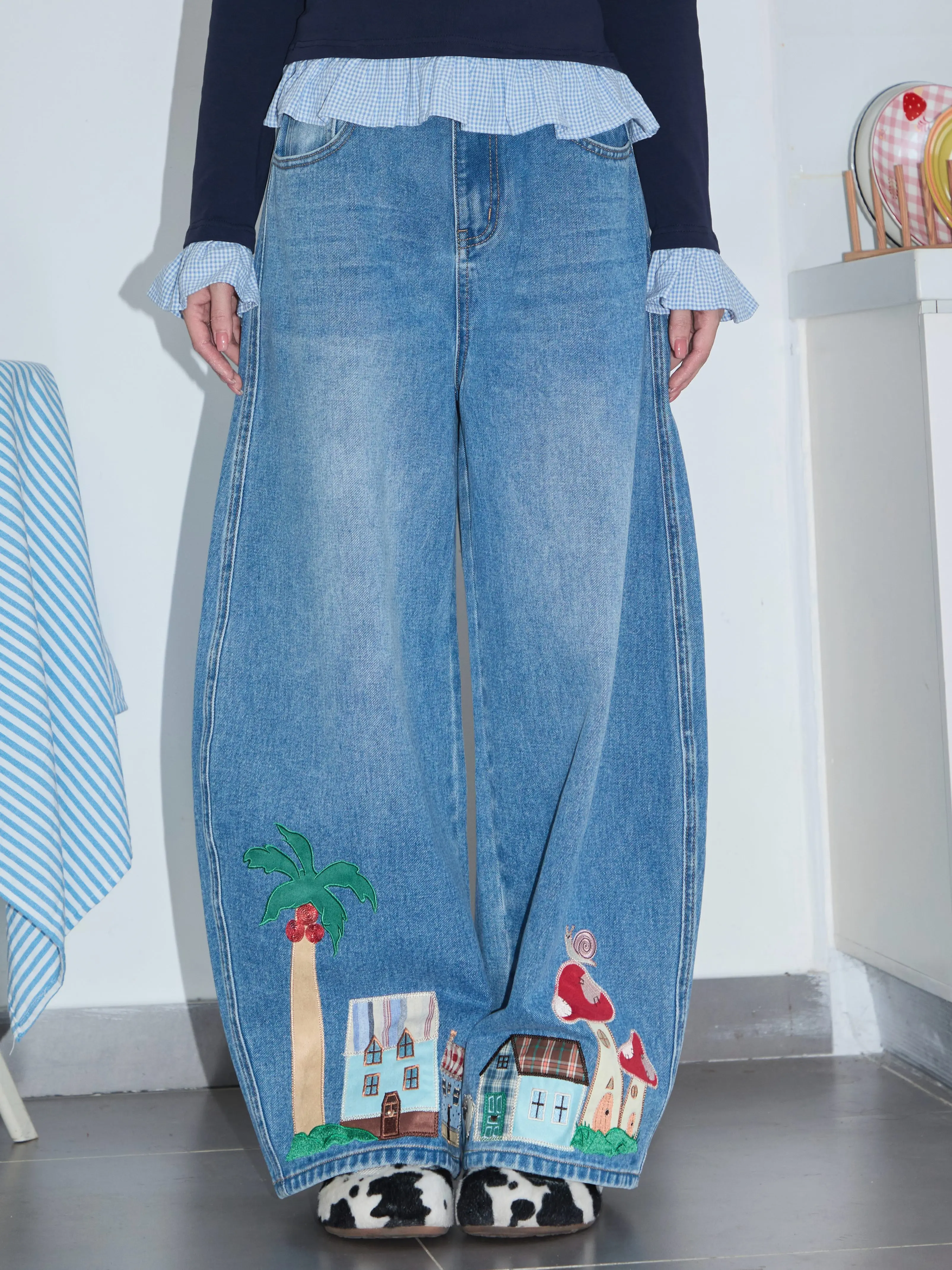 Robootoo Original Illustration Artist Cute Childhood Washed Embroidery Elastic Waist Jeans for Young Women Autumn Cotton