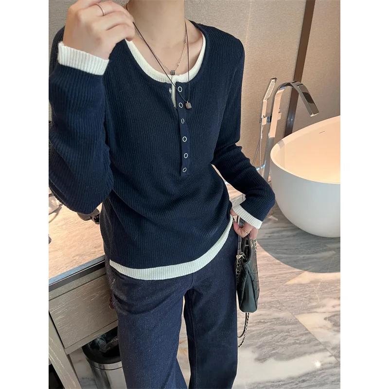 Navy Blue Fake Two Piece Wool Knitted Sweater Women\'s Autumn Korean Style Half Placket Slimming 2 In 1 Pullover