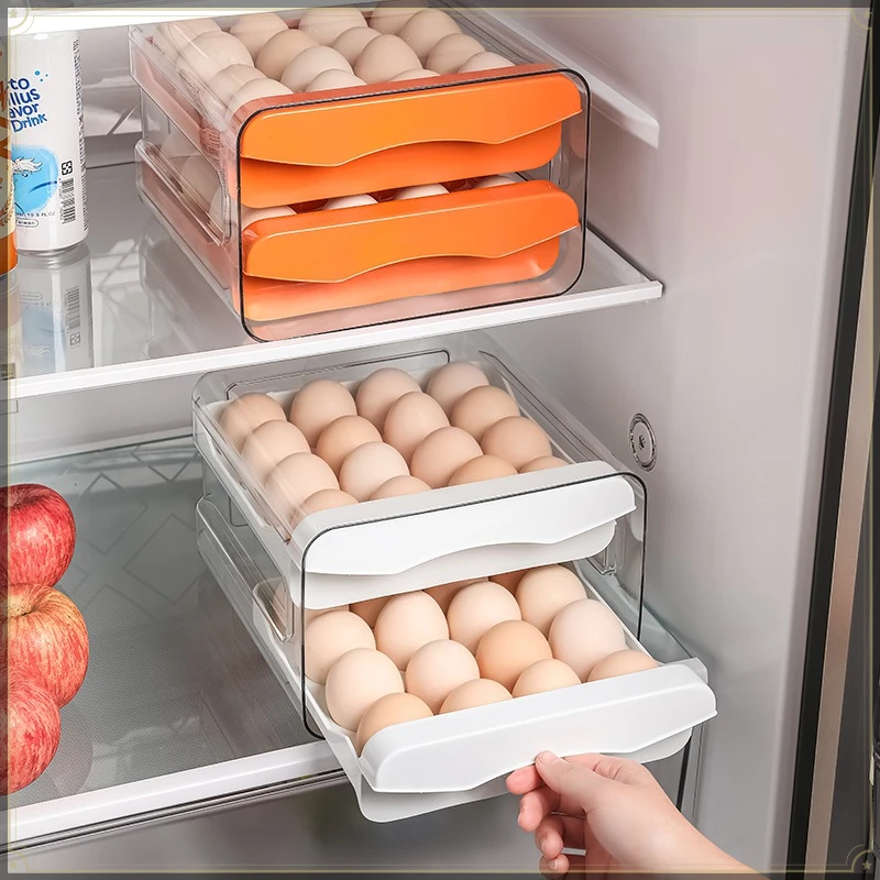 Food Grade PP & PET Egg Storage Holder 32 Grids Large Capacity Drawer Type Kitchen Egg Fresh Keeping Organizer Container
