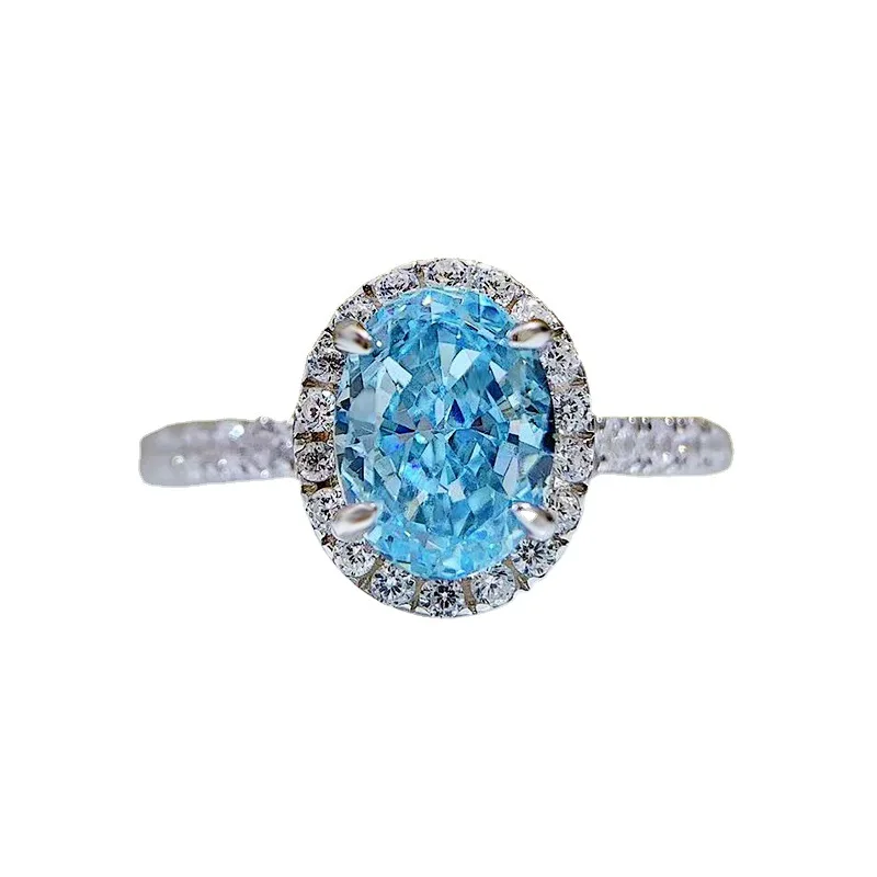 

2022 new S925 silver high carbon diamond one carat oval sea blue zirconium 6*8 Radiant ring female