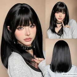 Jet Black Synthetic Women Wig with Bangs Medium Length Straight Natural Black Daily Cosplay Use Wig Softy Heat Resistant Fiber