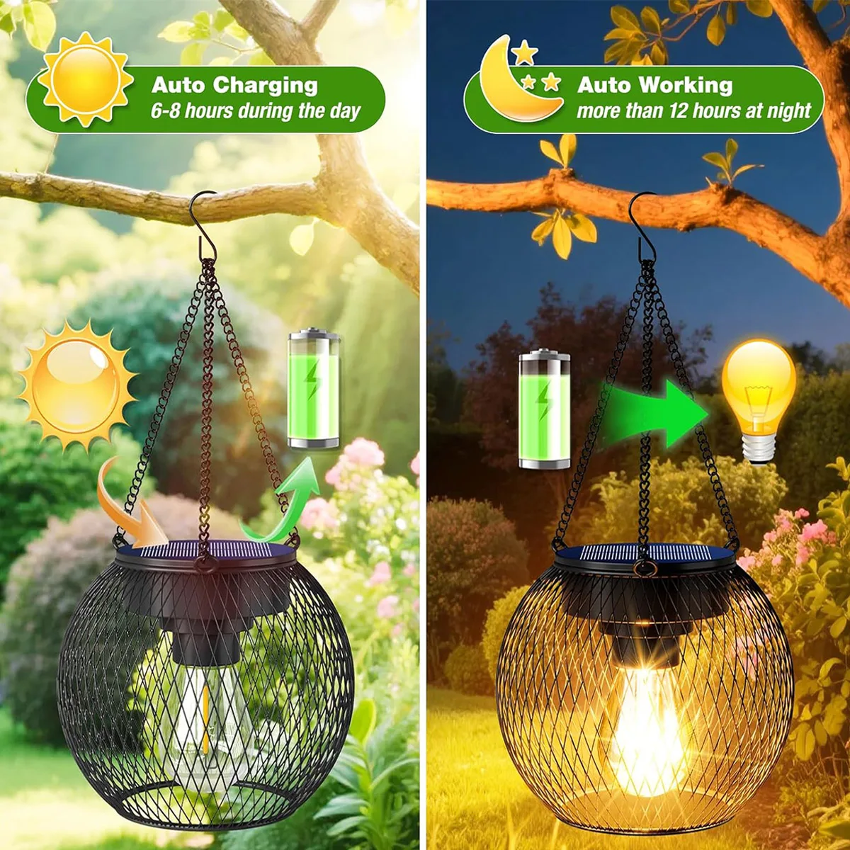 Solar Hanging Lights IP65 Outdoor Decorative Globe Lanterns with Vintage Edison Bulb LED Retro Metal Mesh Pendant Light for Yard