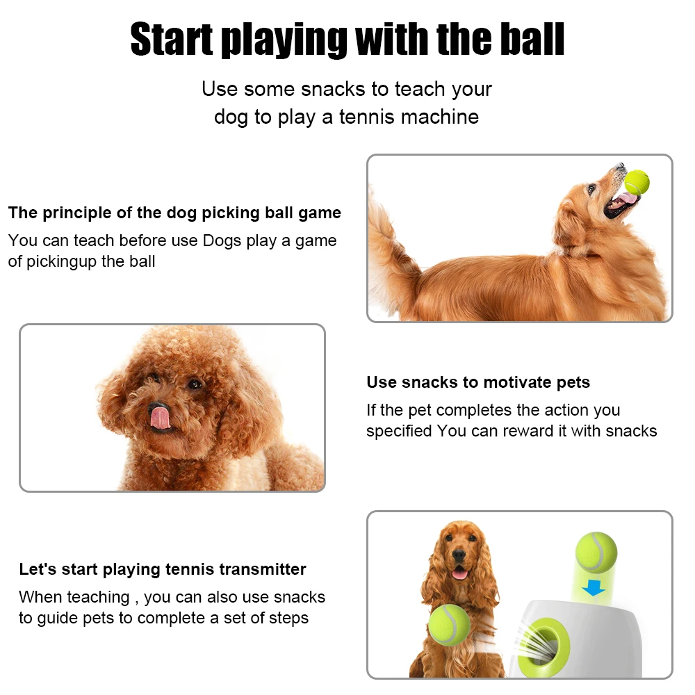 Dog Pet Toys Tennis Launcher Automatic Throwing Machine Device 3/6/9m Section Emission with 3 Balls Training