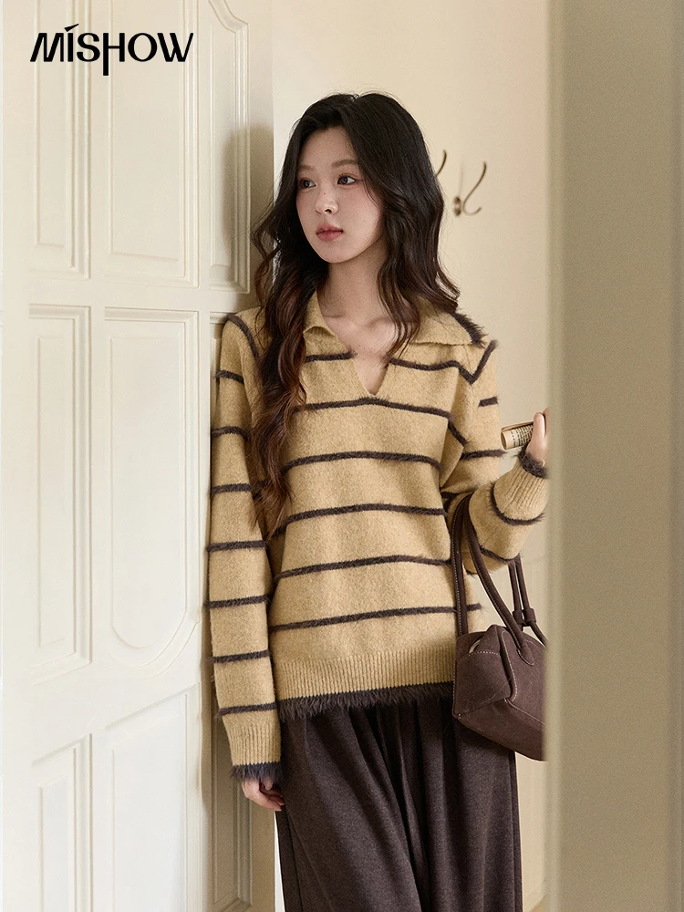 MISHOW femmes fausse fourrure de vison rayé pull 2025 hiver lâche revers gland ourlet épaissi tricots hors foulards MXE93Z2945