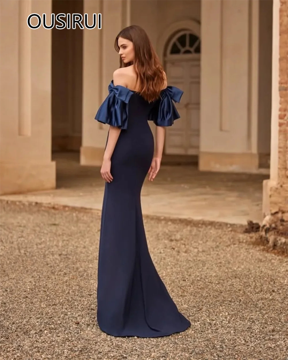 Boat Collar Satin Solid Women's Evening Gown Backles Court Sexy Mermaid Side Slit Prom Party Dress with Ruffles Customizd