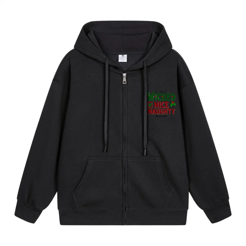 

Men's Zip-Up Hoodie Black Hoodie Nice And Naughty Red Green Text On Black Christmas in 2025 Festive Print