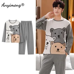 Conjunto de pijamas informales para hombre, ropa de dormir de algodón de manga larga con estampado de dibujos animados de oso Kawaii, talla grande, otoño