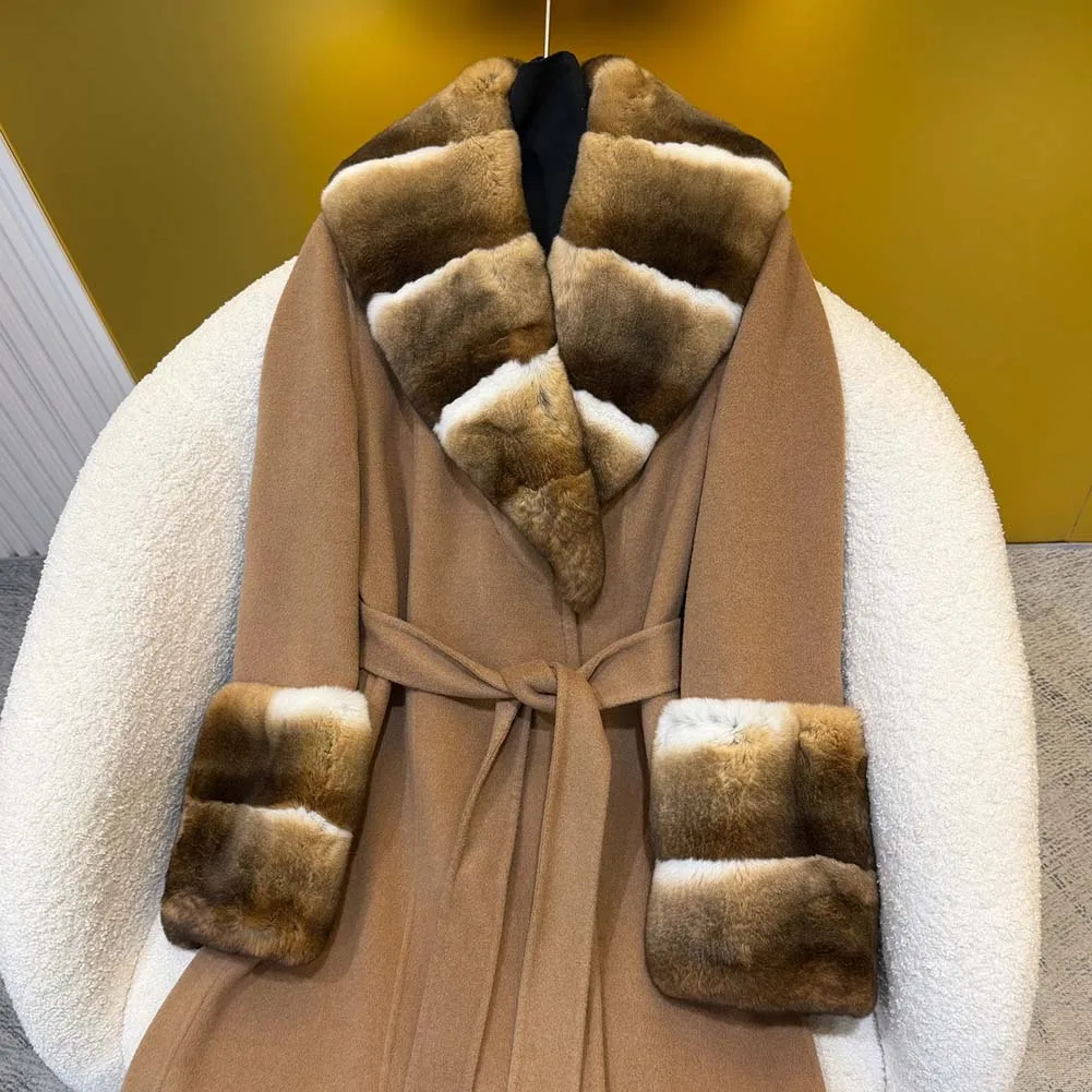 

Elegant Long Wool Jacket Women Real Fur Cuffs Wool Coat Female Wool Blend Woolen Coat Spring Autumn Real Fur Collar