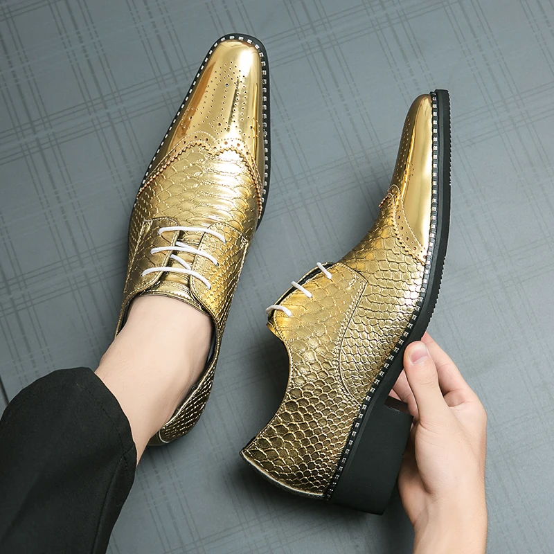 Bright Gold Leather Shoes for Men Oversized Business Dress, Banquet Pointed Leather Shoes