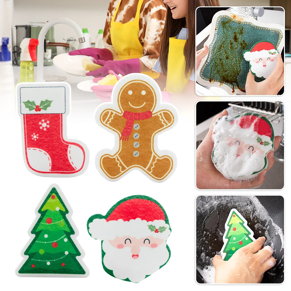 Xmas Sponges 4/8pcs Xmas Dish Scourer Sponge Set Reusable Household Cleaning Sponges Family Present