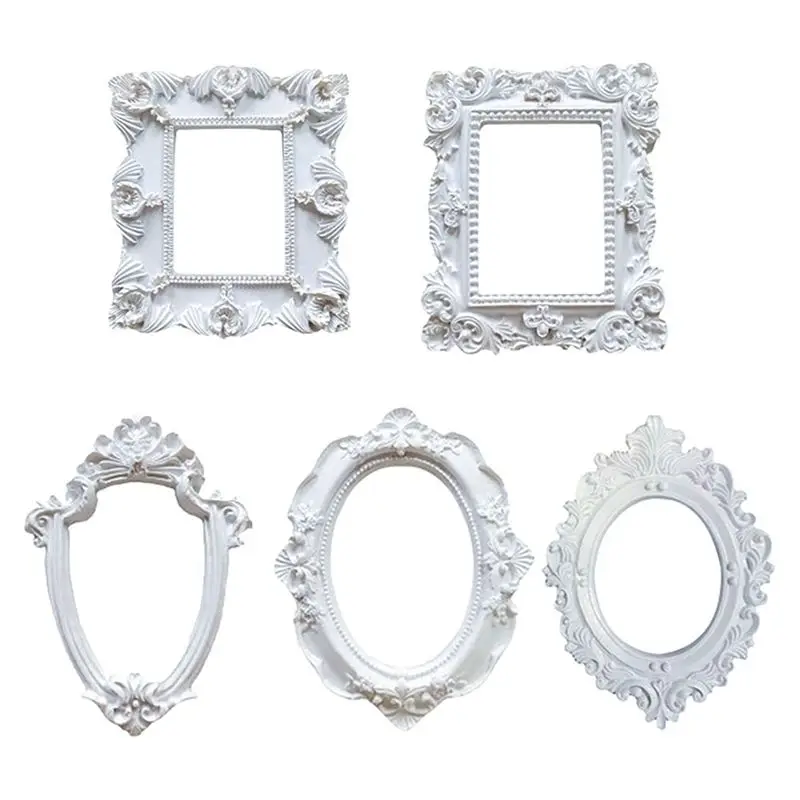 A76I-5Pcs Mini Frames -White Small Vintage Flower Oval Rectangle Baroque Frames Table Top Frame For Holiday Partys Decor